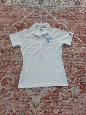 White Polo Shirt with Aqua Whale Tail Size: M